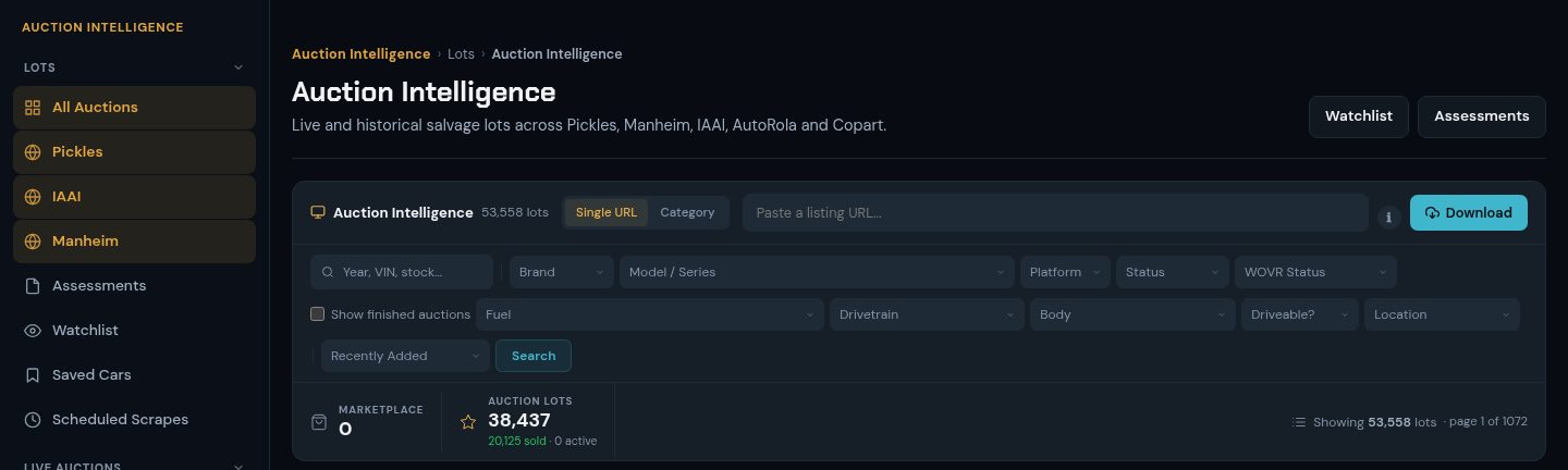 GearSwap Auction Intelligence live auctions view across Pickles, IAAI and Manheim