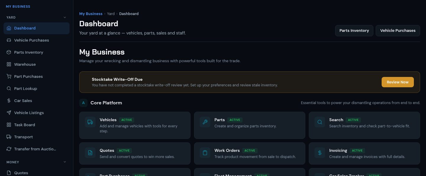 GearSwap My Business dashboard showing vehicles, parts, quotes, work orders and invoicing tools