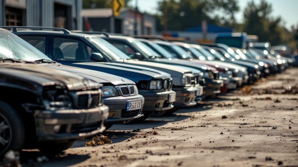 Rows of vehicles at a salvage auction